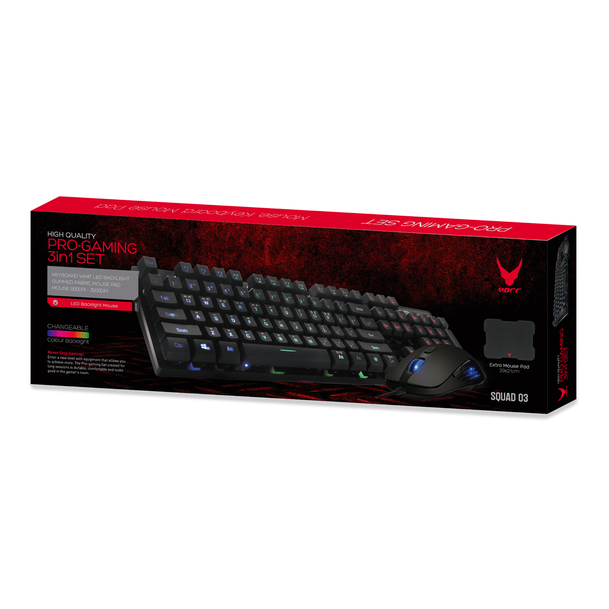 VARR Gaming set, keyboard: cherry R1-R4, mouse 3200dpi PIXART, muismat zwart met VARR logo