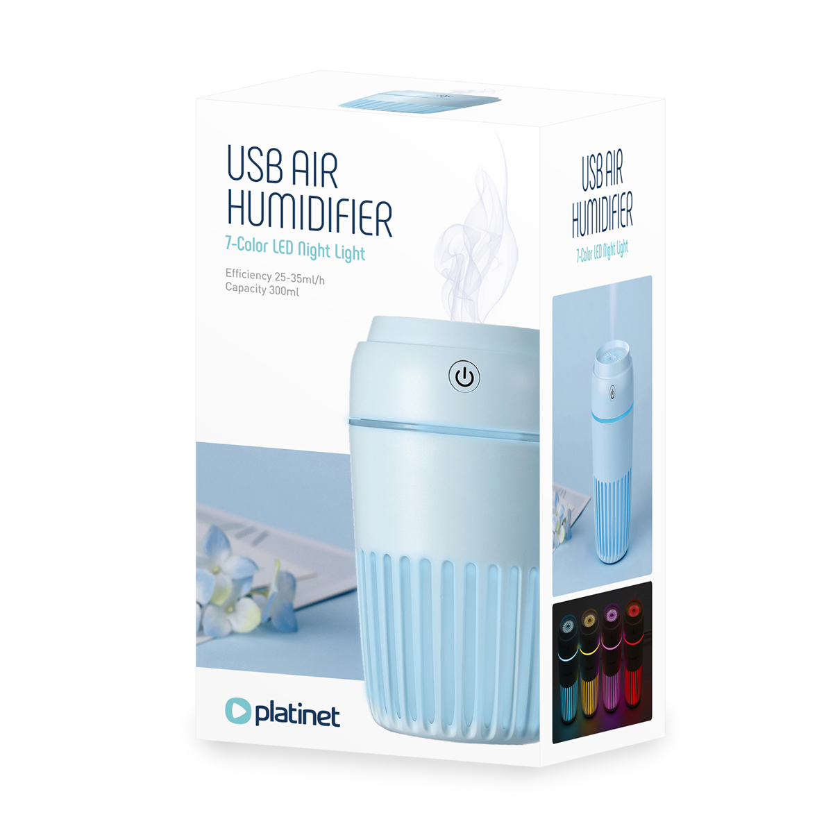 Platinet - Misty - lucht bevochtiger 300ml, LED lamp, timer, werkt ook met geur olie, blauw