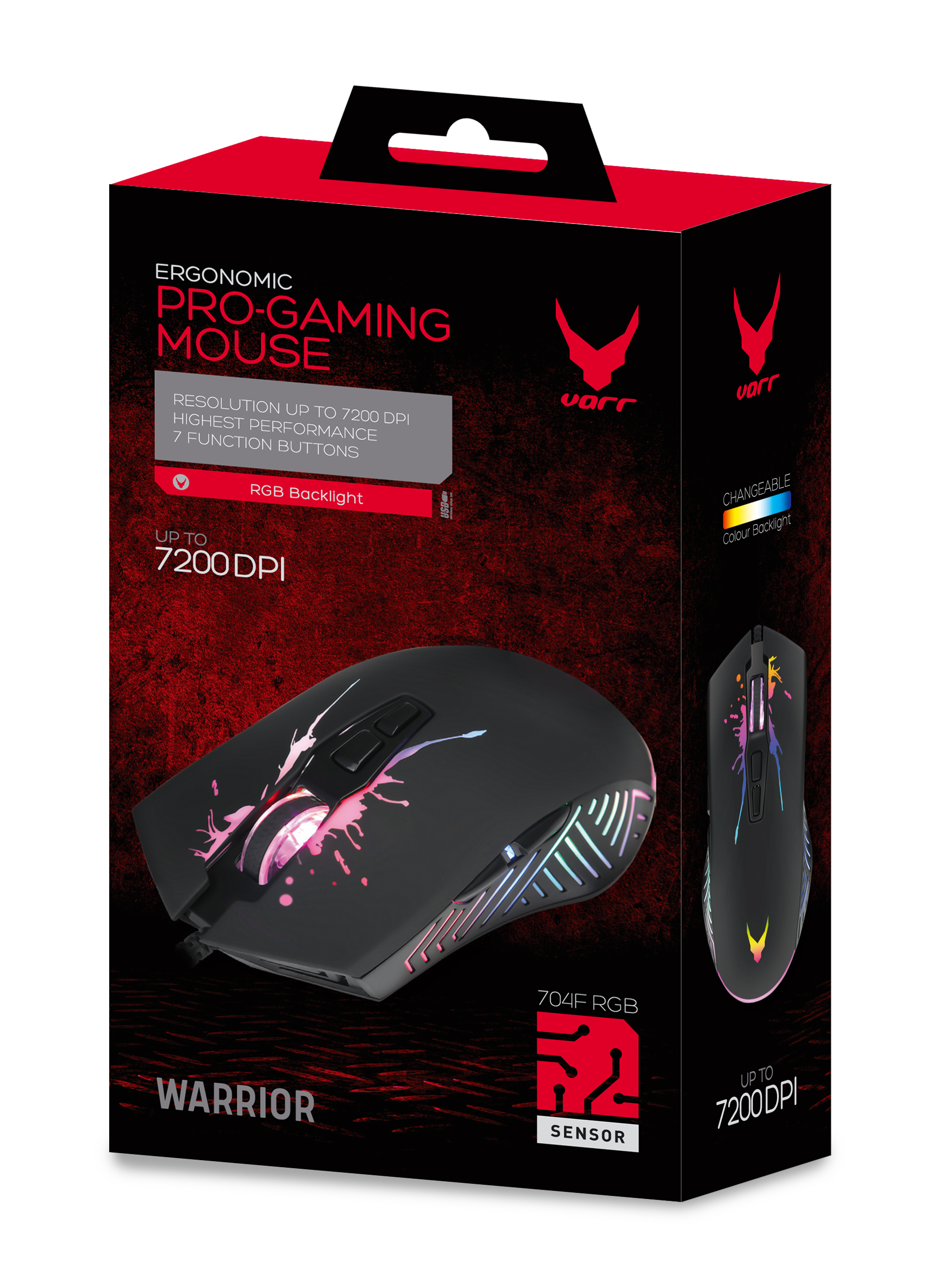 VARR RGB Gaming muis VGM-B05, 1200-7200 dpi instelbaar, RGB Warrior Black, USB 1,5 meter gevlochten, 7 button, IC: 704F RGB
