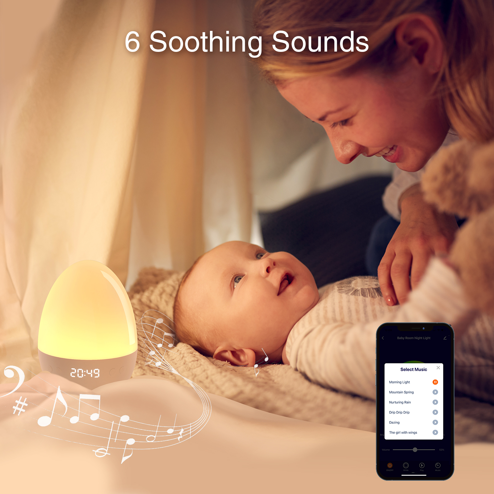 Gosund LB2 baby nachtlampje, 5V, 2A USB (inc voeding en kabel) touch bediening: kleuren en lichtsterkte, met klokje en muziek - Tuya Platform, Alexa and Google Home compatible
