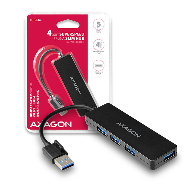 AXAGON HUE-G1A 4x USB3.2 Gen 1 SLIM hub w. 14cm Type-A cable *USBAM *USBAF