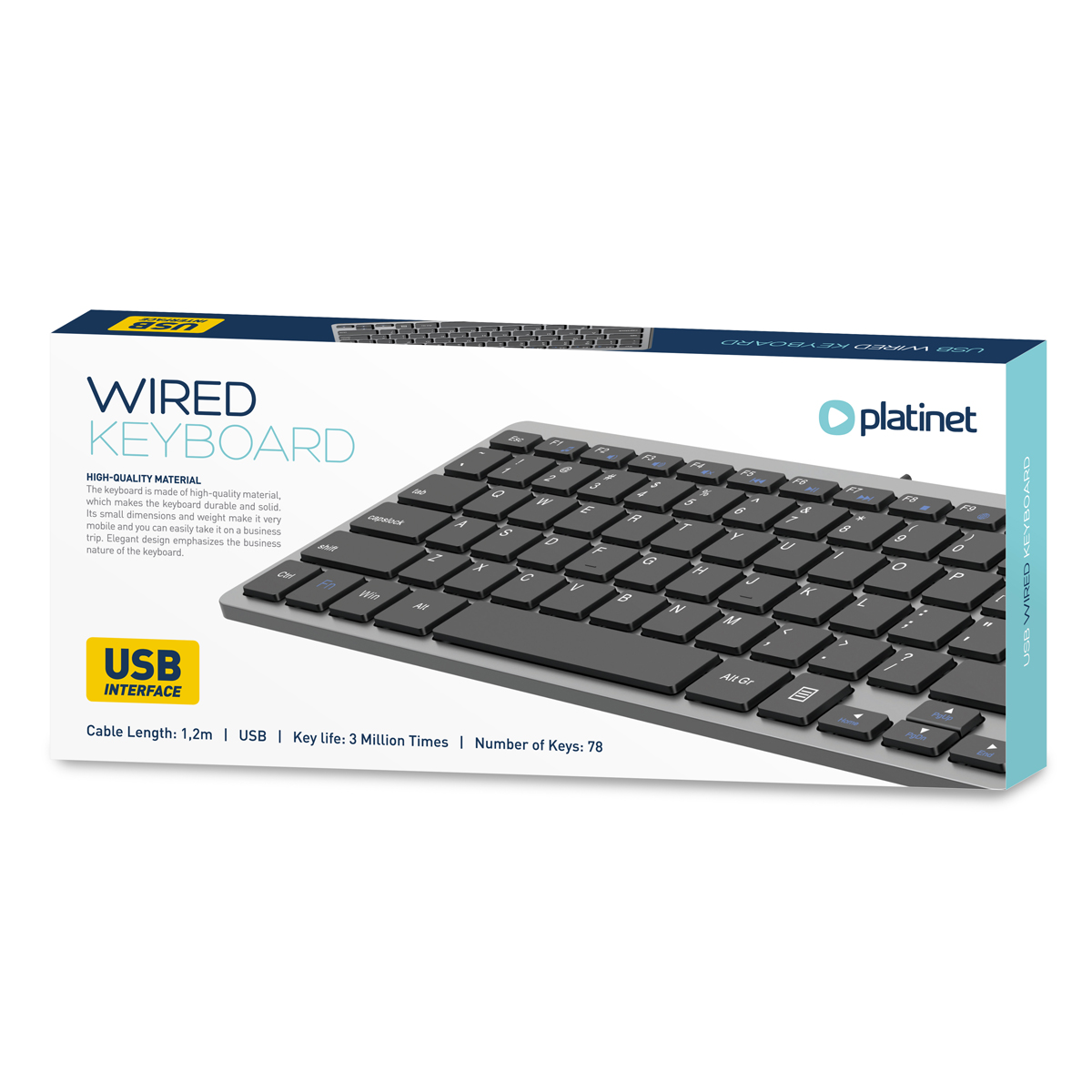 Platinet K120 mini keyboard, zwart-zilver, USB, stille, ergonomische platte toetsen