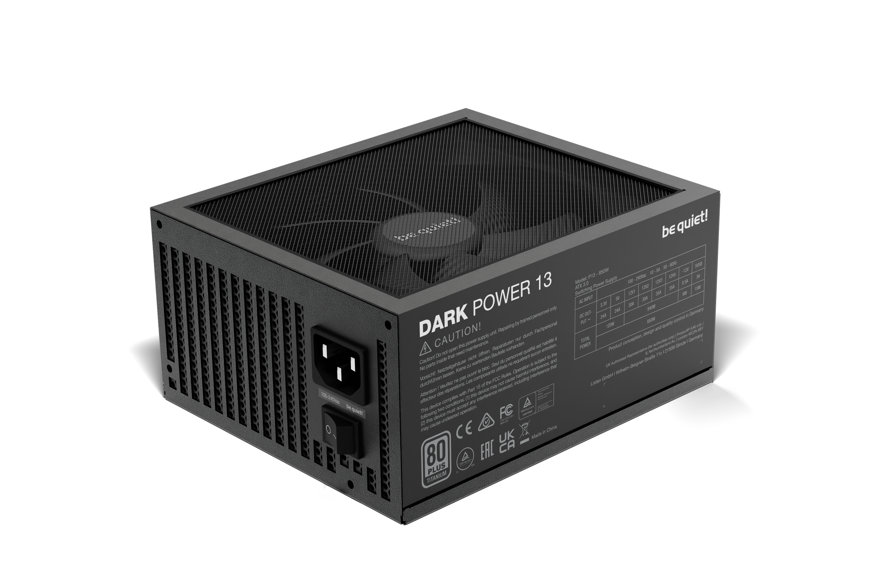 be quiet! Dark Power 13 850W, ATX3.0, 80+Titanium, 1x 12VHPWR (600W), ErP, Energy Star 8 APFC, Sleeved, 4xPCI-Ex(6+2), 12xSATA, 3xPATA, Full Cable Management, Switchable 4 or 1 Rail, Silent Wings 135