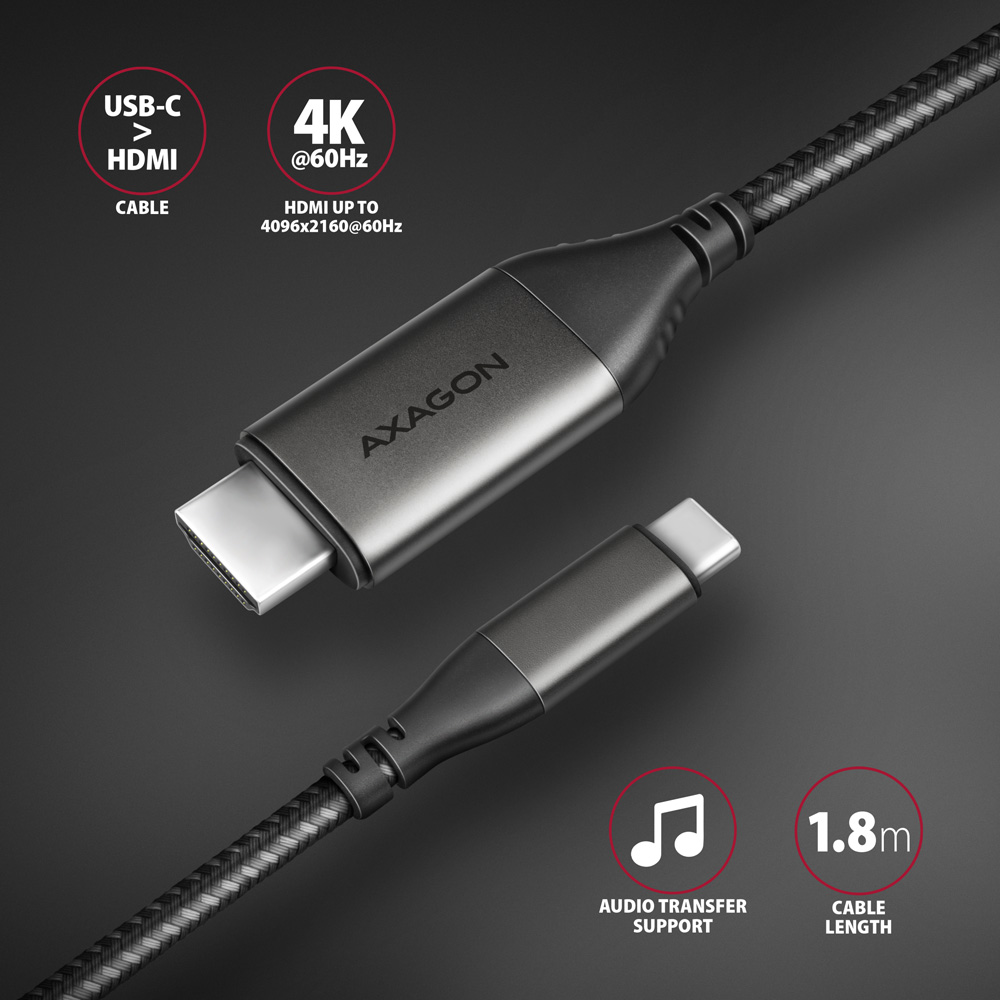 AXAGON RVC-HI2MC USB-C -> HDMI 2.0a cable 1.8m, 4K/60Hz HDR10 *USBC *HDMIM