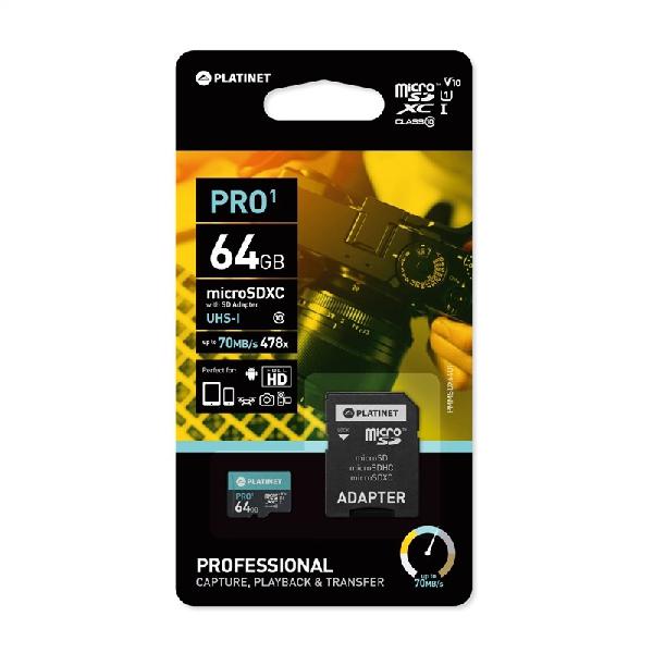PLATINET microSDXC SECURE DIGITAL + ADAPTER SD 64GB class10 UI 70MB/s 43998