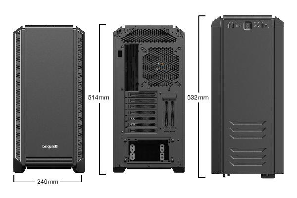 be quiet! Silent Base 601 Window Silver, 532 x 240 x 514, IO-panel 2x USB 3.0, 1x USB 2.0, HD Audio, 3 (7) x 3,5, 6 (14) x 2,5, inc 2x 140 mm Pure Wings 2, dual air channel cooling, Tinted and Tempered Glass side panel