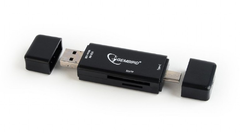 Gembird Multi-USB kaartlezer voor SD en microSD geheugenkaarten, 3-in-1 USB-aansluiting: USB Type-A, micro-USB en Type-C, zwart