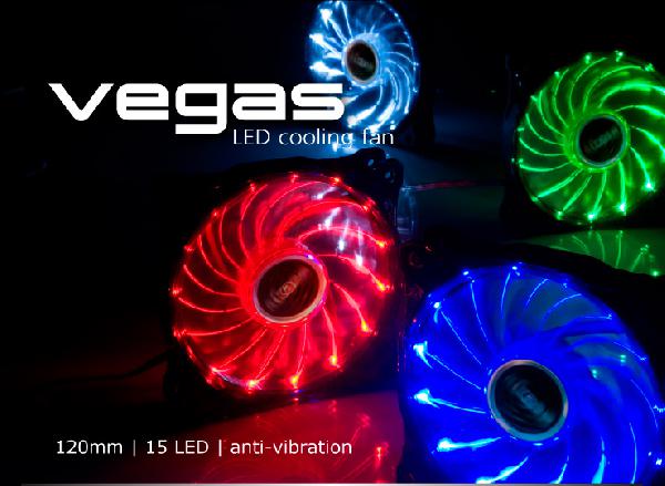 Akasa 12cm Vegas 15 White LED fan with anti-vibe dampening pads, sleeve bearing