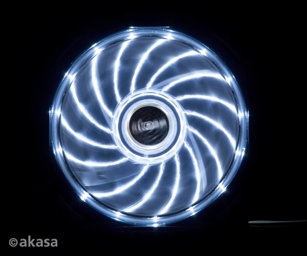 Akasa 12cm Vegas 15 White LED fan with anti-vibe dampening pads, sleeve bearing