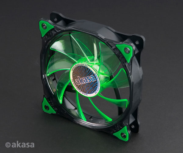 Akasa 12cm Vegas 15 Green LED fan with anti-vibe dampening pads, sleeve bearing