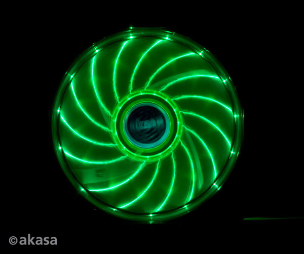 Akasa 12cm Vegas 15 Green LED fan with anti-vibe dampening pads, sleeve bearing