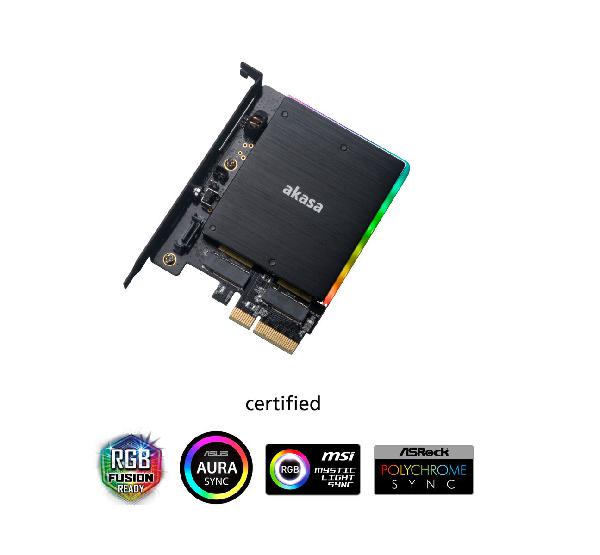 Akasa M.2 PCIe and M.2 SATA SSD adapter card with RGB LED light and heatsink