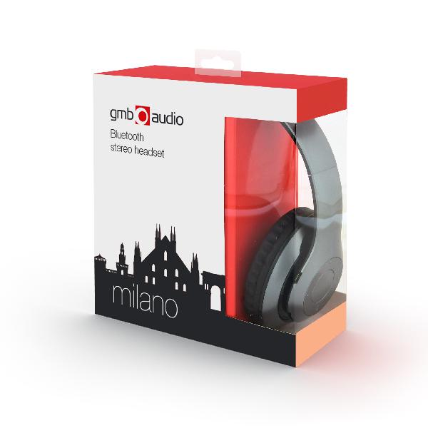 Gembird Stereo Bluetooth headset -Milano- Grey, geintegreerde microfoon, 500 uur standby, 6 uur gebruik, kan ook bedraad gebruikt worden