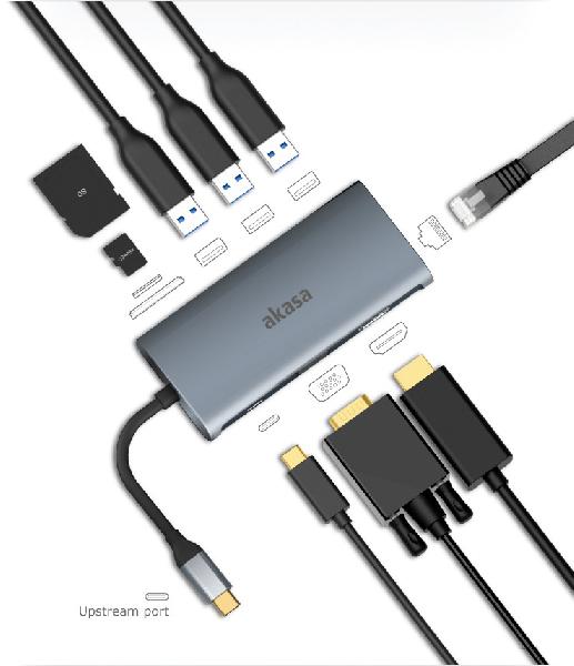 Akasa USB C 3.1 9 in 1 Dock (USB C (Power), HDMI, VGA, 3x USB A 3.0, RJ45, SD & Micro SD Card Reader), *USBCM, *USBCF, *VGAF, *HDMIF, *RJ45F, *USBAF, *SDF, *MSDF