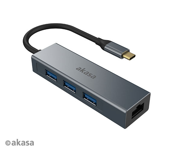 Akasa USB Type-C 4-In-1 Hub with Ethernet (1 x rj45, 3 x USB-A (USB3)), *USBCM, *RJ45F, *USBAF