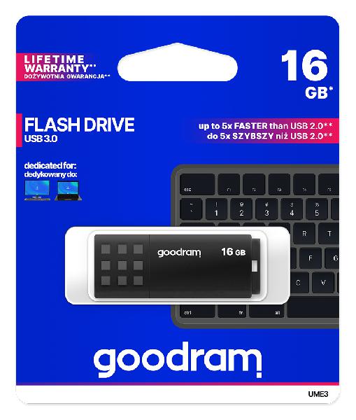 GOODRAM USB3.0 Flash Drive, 16 GB, UME3, USB A connector, Black, 60/20 MB/s (USB3/2/1.1 comp)