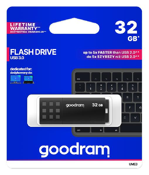 GOODRAM USB3.0 Flash Drive, 32 GB, UME3, USB A connector, Black, 60/20 MB/s (USB3/2/1.1 comp)