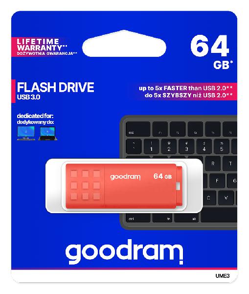 GOODRAM USB3.0 Flash Drive, 64 GB, UME3, USB A connector, Orange, 60/20 MB/s (USB3/2/1.1 comp)