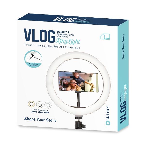 Platinet 8 inch Vlog LED ringlamp (72 LEDs) op driepoot 14,5 cm, inclusief phone holder - 3000K-4500K-6000K instelbaar, 1,9m USB kabel met schakelaar inbegrepen