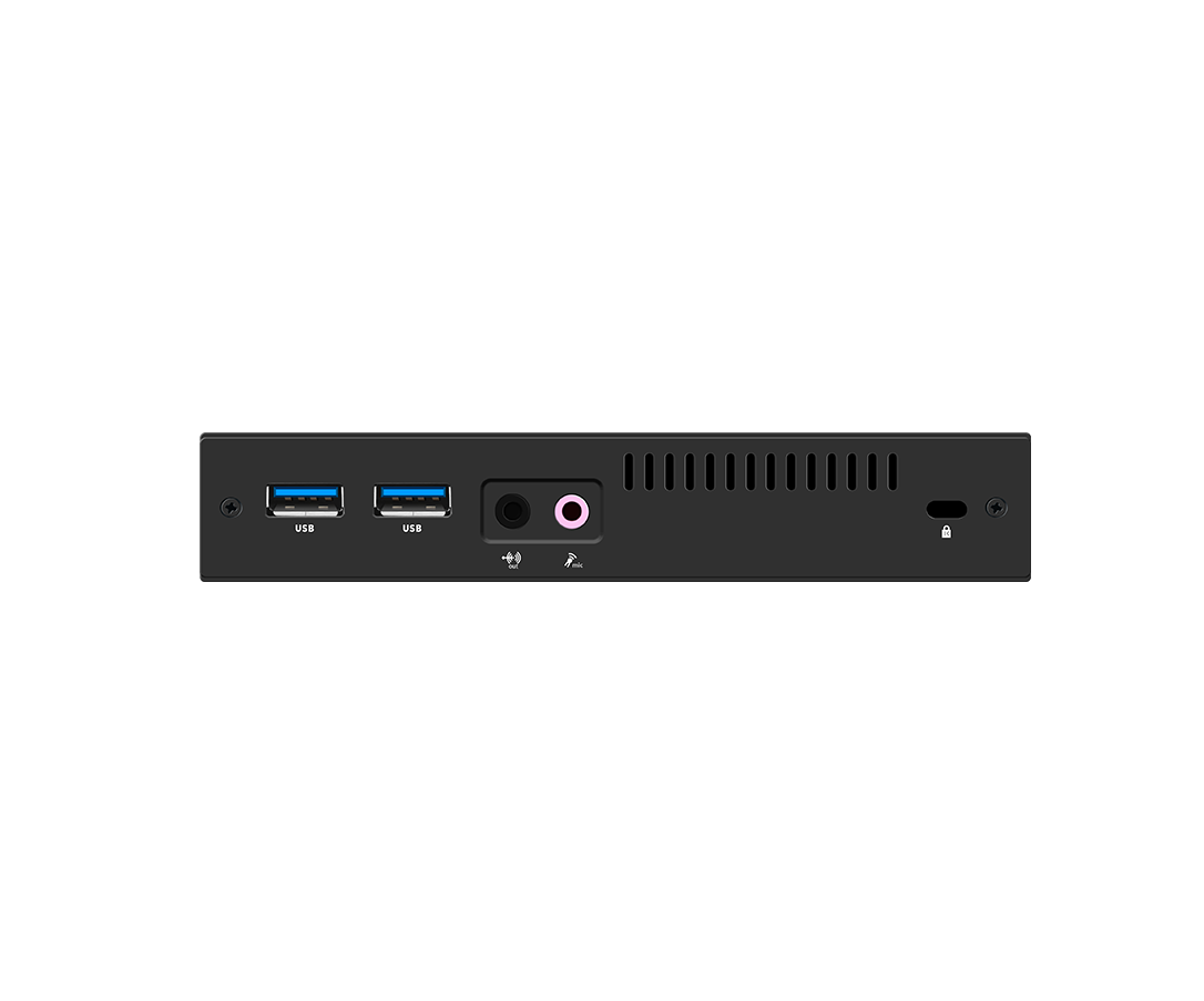 Giada MiniPC barebone F106D-NU fanless, Intel Celeron N5095, UHD Graphics, Onboard 4 GB LPDDR4, 1x M.2, 1x mSata, 1x GBit LAN RTL8111H, 4 x USB2, 2x USB3.1 Gen2, HDMI, DP, RS232, M.2 for Wifi, SIM-slot