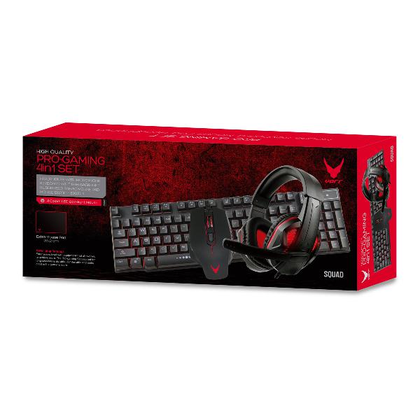 VARR 4IN1 gaming set, RGB backlight keyboard, 1200-1600 dpi mouse, 3,5 mm + USB Headset (LED backlight), 26x21 cm muismat