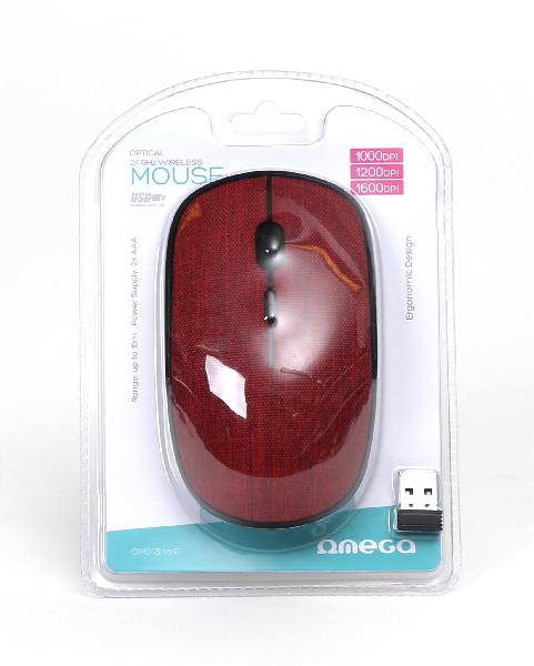 Omega wireless muis met rode stoffen bekleding, 2.4 GHz receiver, 1000/1200/1600DPI instelbaar
