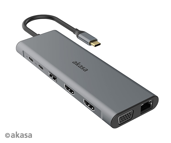 Akasa USB Type-C 14-In-1 Dock(Data / PD Type C, 2 x HDMI, VGA, 3xUSB3.2 Gen1 / 2xUSB 2.0 Type-A,RJ45, SD and Micro SD Card Reader,3.5mm Audio Jack )