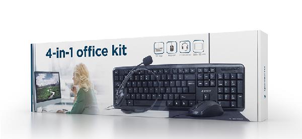 Gembird 4-in-1 office kit, US layout desktop set, bedraad USB keyboard, muis, headset met volumeknop en microfoon en muismat