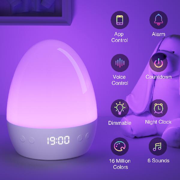 Gosund LB2 baby nachtlampje, 5V, 2A USB (inc voeding en kabel) touch bediening: kleuren en lichtsterkte, met klokje en muziek - Tuya Platform, Alexa and Google Home compatible