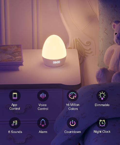 Gosund LB2 baby nachtlampje, 5V, 2A USB (inc voeding en kabel) touch bediening: kleuren en lichtsterkte, met klokje en muziek - Tuya Platform, Alexa and Google Home compatible