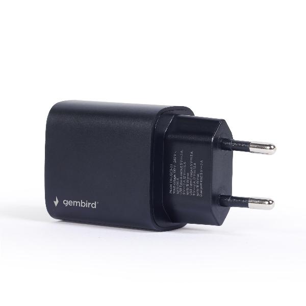 Gembird USB Type-C snellader, 18 W, zwart, 2 port: Type-C port supports 18 W PD, Type-A port supports 18 W QC 3.0