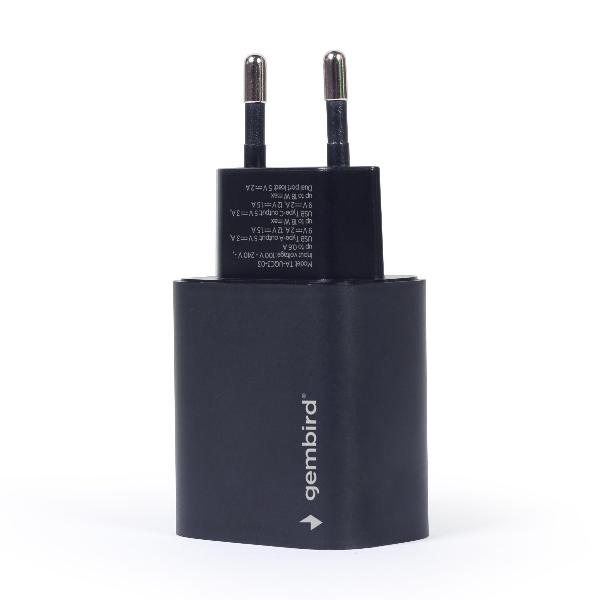 Gembird USB Type-C snellader, 18 W, zwart, 2 port: Type-C port supports 18 W PD, Type-A port supports 18 W QC 3.0