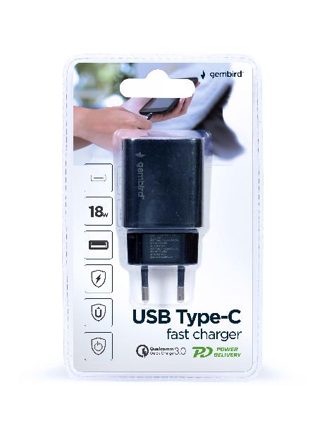 Gembird USB Type-C snellader, 18 W, zwart, 2 port: Type-C port supports 18 W PD, Type-A port supports 18 W QC 3.0