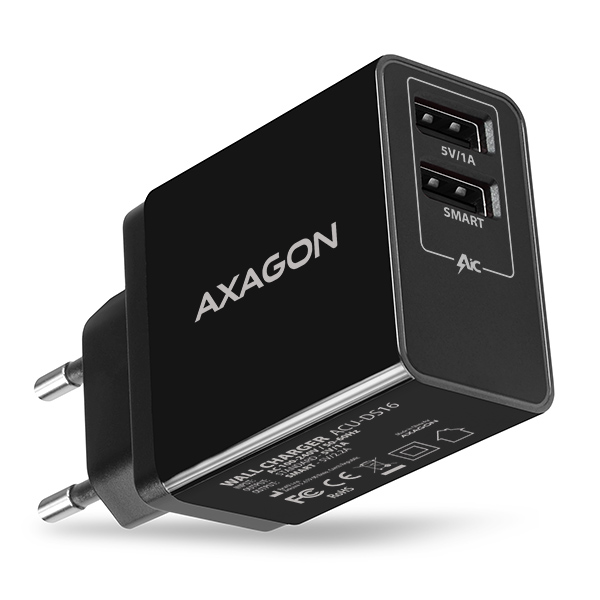 AXAGON ACU-DS16 wall charger, 2x 5V-2.2A + 1A, 16W, black *USBAF