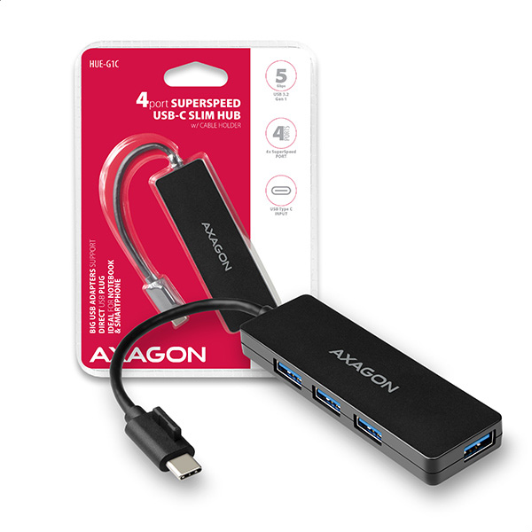 AXAGON HUE-G1C 4x USB3.2 Gen 1 SLIM hub w. 14cm Type-C cable *USBCM *USBAF