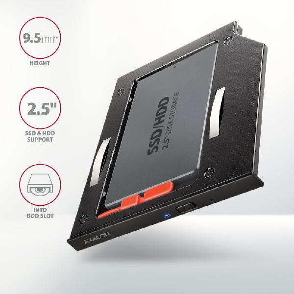 AXAGON RSS-CD09 2.5 SSD/HDD caddy into DVD slot, 9.5 mm, LED, ALU