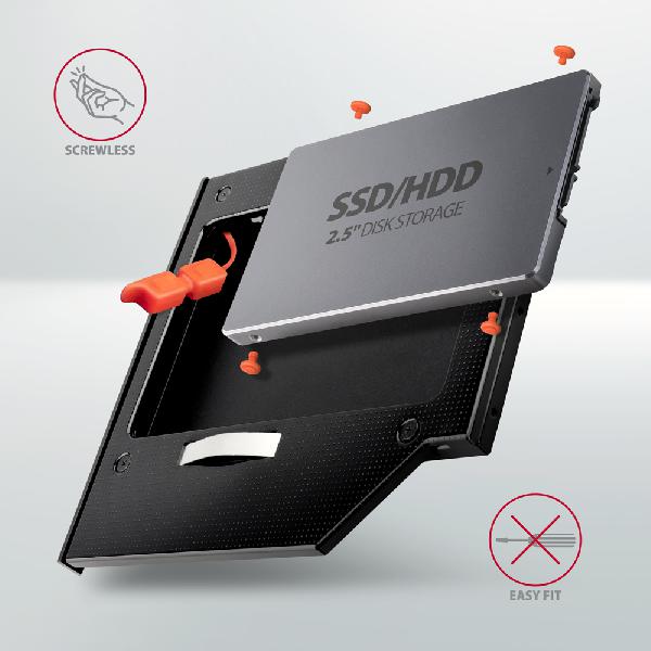 AXAGON RSS-CD09 2.5 SSD/HDD caddy into DVD slot, 9.5 mm, LED, ALU