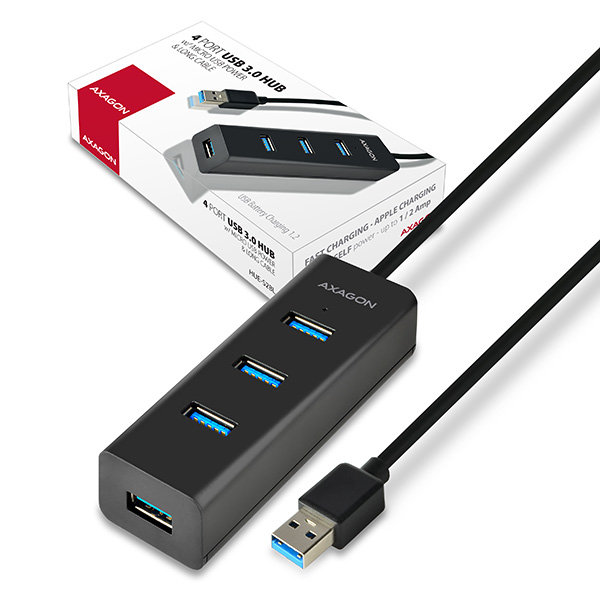 AXAGON HUE-S2BL 4x USB3.0 Charging Hub 1.2m Cable, MicroUSB Charging *USBAM *USBAF *MUSBBF