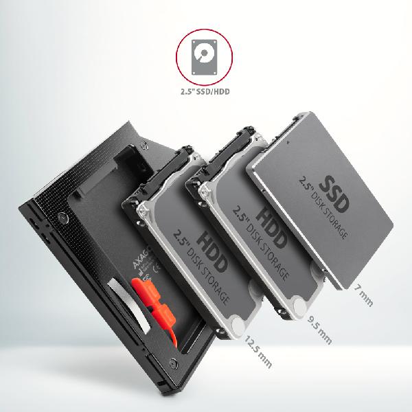 AXAGON RSS-CD12 2.5 SSD/HDD caddy into DVD slot, 12.7 mm, LED, ALU