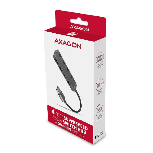 AXAGON HUE-MSA 4x USB3.2 Gen 1 SWITCH hub, metal, micro USB power IN, 20cm USB-A cable *USBAM *USBAF *MUSBBF