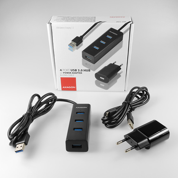 AXAGON HUE-S2BP 4x USB3.0 Charging Hub 1.2m Cable, MicroUSB Charging, Incl. AC Adapter *USBAM *USBAF *MUSBBF
