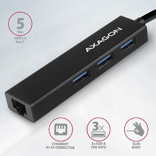 AXAGON HMA-GL3A 3x USB-A + GLAN, USB3.2 Gen 1 hub, metal, 20cm USB-A cable *USBAM *USBAF *RJ45F