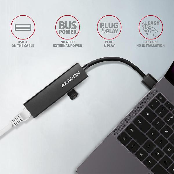 AXAGON HMA-GL3A 3x USB-A + GLAN, USB3.2 Gen 1 hub, metal, 20cm USB-A cable *USBAM *USBAF *RJ45F