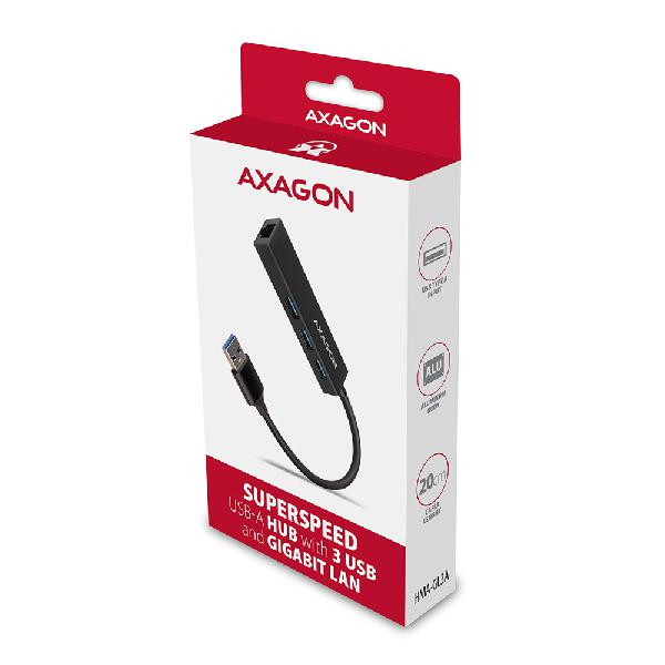 AXAGON HMA-GL3A 3x USB-A + GLAN, USB3.2 Gen 1 hub, metal, 20cm USB-A cable *USBAM *USBAF *RJ45F