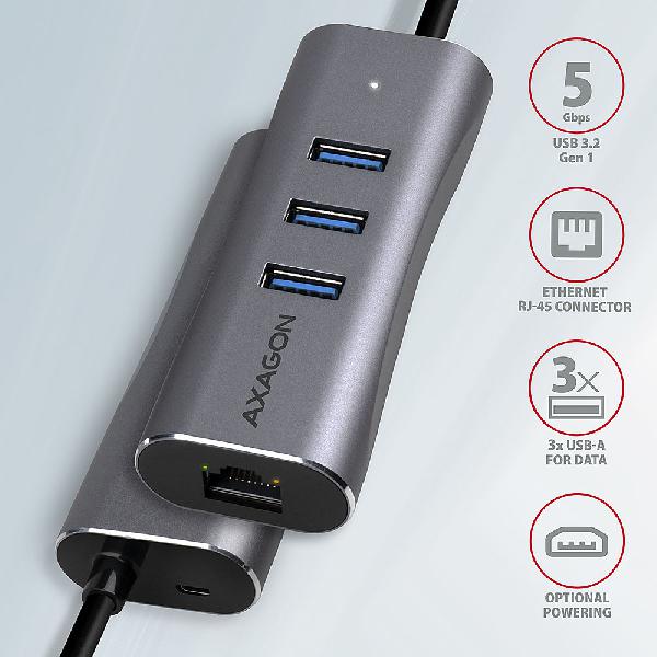 AXAGON HMA-GL3AP 3x USB-A + GLAN, USB3.2 Gen 1 hub, metal, micro USB power, 20cm USB-A cable *USBAM *USBAF *RJ45F