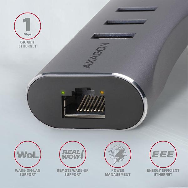AXAGON HMA-GL3AP 3x USB-A + GLAN, USB3.2 Gen 1 hub, metal, micro USB power, 20cm USB-A cable *USBAM *USBAF *RJ45F