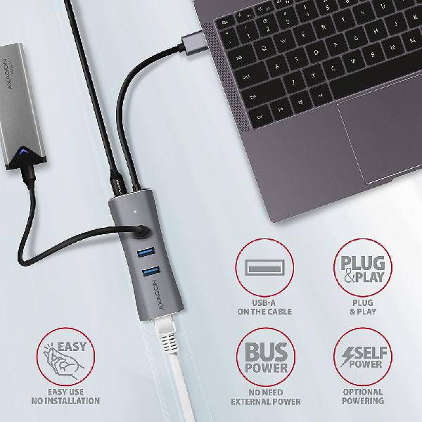 AXAGON HMA-GL3AP 3x USB-A + GLAN, USB3.2 Gen 1 hub, metal, micro USB power, 20cm USB-A cable *USBAM *USBAF *RJ45F