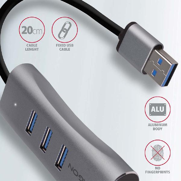 AXAGON HMA-GL3AP 3x USB-A + GLAN, USB3.2 Gen 1 hub, metal, micro USB power, 20cm USB-A cable *USBAM *USBAF *RJ45F