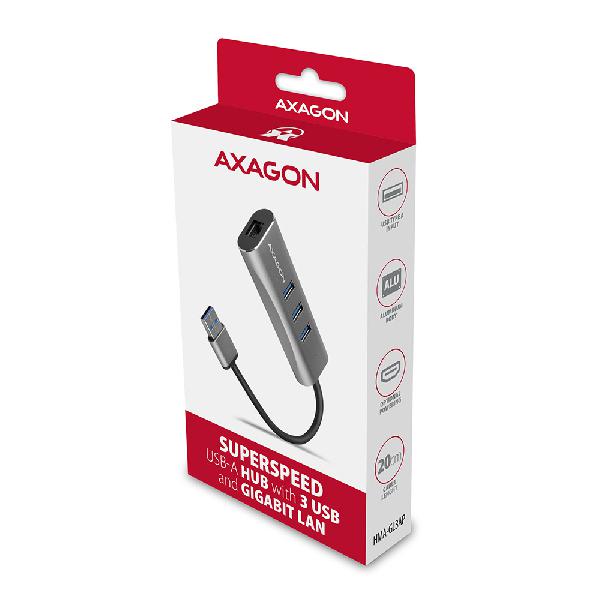 AXAGON HMA-GL3AP 3x USB-A + GLAN, USB3.2 Gen 1 hub, metal, micro USB power, 20cm USB-A cable *USBAM *USBAF *RJ45F