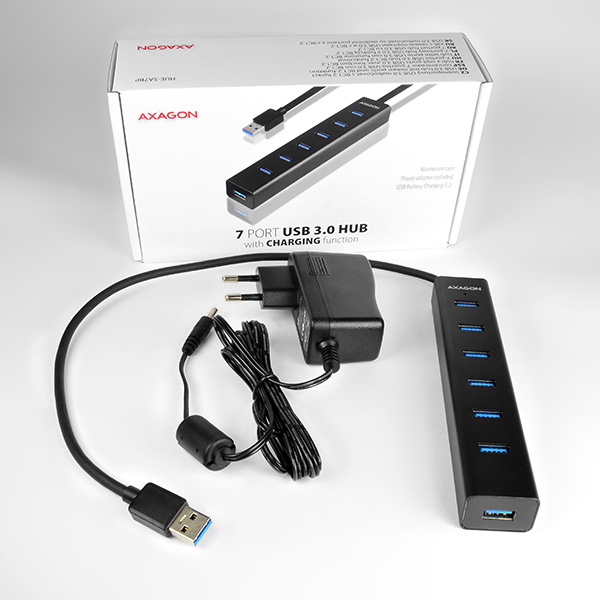 AXAGON HUE-SA7BP 7x USB3.0 ALU Charging Hub Incl. AC Adapter, Black *USBAM *USBAF